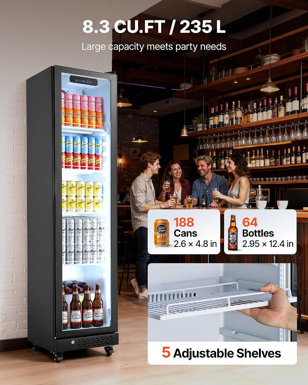 VEVOR Commercial Merchandiser Refrigerator, 8.3 Cu.Ft / 235 L Glass Door Display Refrigerator, Upright Beverage Cooler Fridge with 5 Adjustable Shelves, Soft LED Light & Casters for Homes Shops Bars