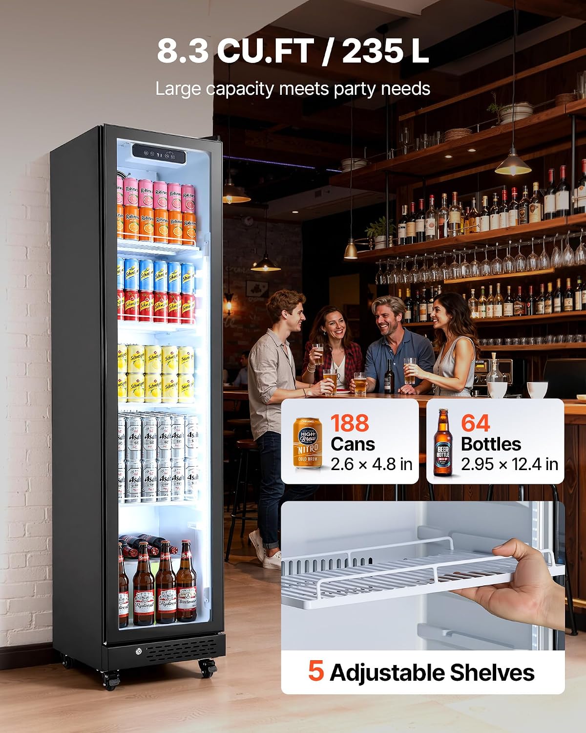 VEVOR Commercial Merchandiser Refrigerator, 8.3 Cu.Ft / 235 L Glass Door Display Refrigerator, Upright Beverage Cooler Fridge with 5 Adjustable Shelves, Soft LED Light & Casters for Homes Shops Bars