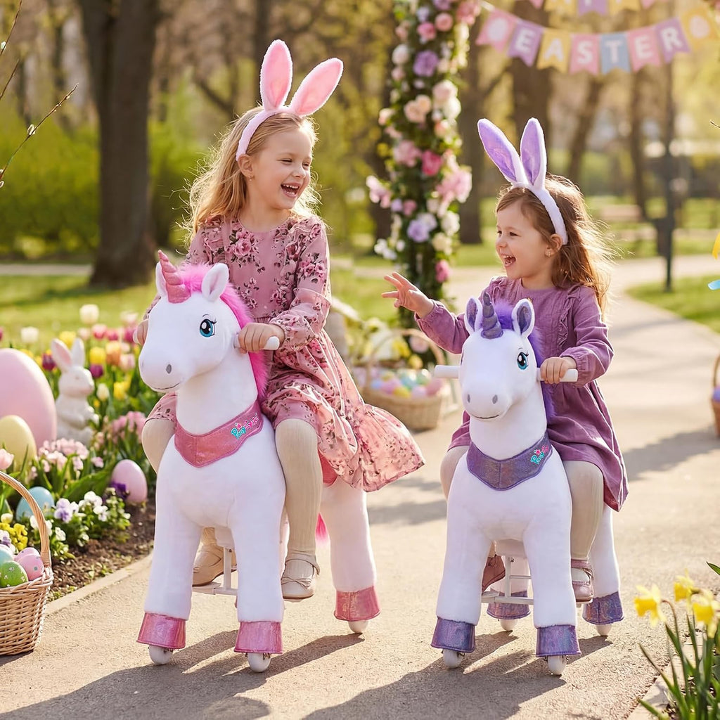 PonyCycle Unicorn Ride on Toys for Girls Horse Spirit Toys No Battery Required Size 4 for Kids Age 4-8/35.4' Height Birthday Gifts Plush Walking Animal Giddy up Riding Pony Pink E412