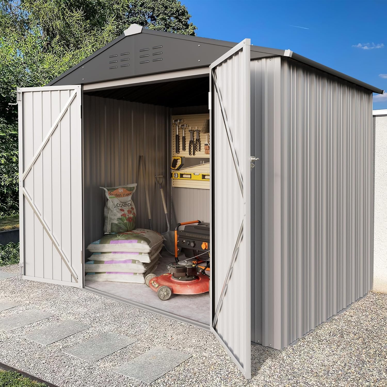 Greesum 6x4FT Outdoor Storage Shed, Utility Tool Shed Metal Storage Garden Shed with Door & Lock for Patio Storage, White