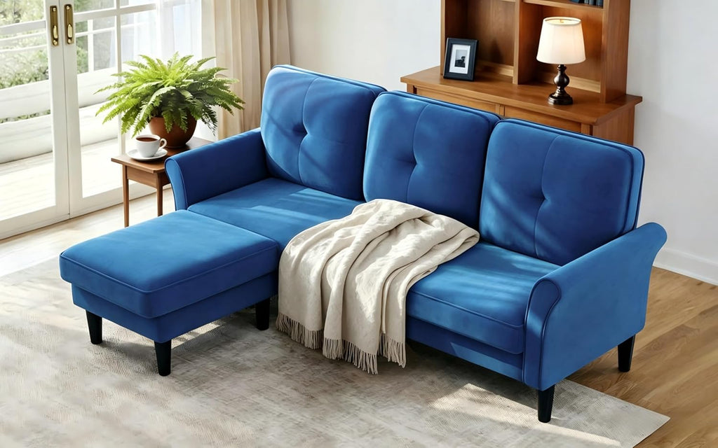 Welzona Sectional Couches for Living Room, 83' Velvet Modern 3 Seater Sofa, L Shaped Couch with Ottoman, Small Sectional Couch Sofas for Living Room, Bedroom, Apartment, Office, Blue Sofa