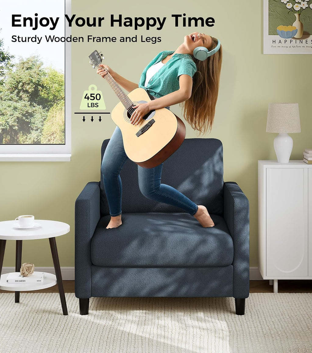 Welzona Sofa Accent Chair, 33' Reading Chair for Bedroom, Tool-Free Setup Living Room Accent Chairs, Comfy Arm Chairs Living Room, All-Wood Reading Nook, Blue Grey