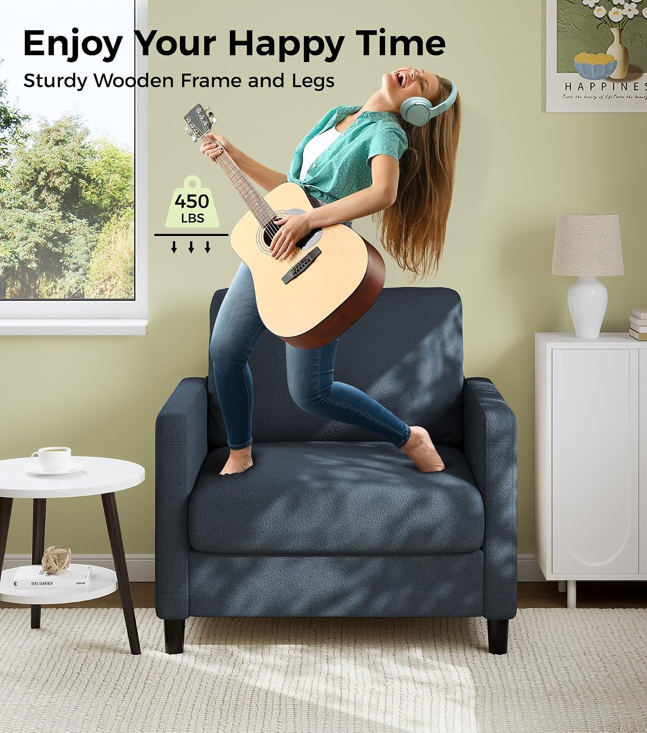 Welzona Sofa Accent Chair, 33' Reading Chair for Bedroom, Tool-Free Setup Living Room Accent Chairs, Comfy Arm Chairs Living Room, All-Wood Reading Nook, Blue Grey