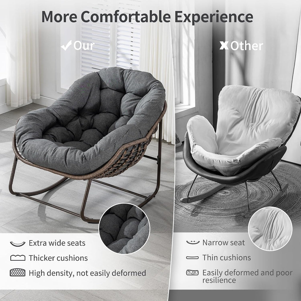 HOMEFUN Nursery Rocking Chairs Oversized Papasan Chair Indoor with Padded Cushion Upholstered Glider for Reading Living Rooms BedroomsOffices, Grey