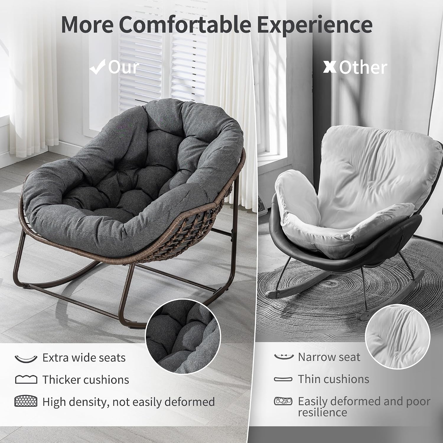 HOMEFUN Nursery Rocking Chairs Oversized Papasan Chair Indoor with Padded Cushion Upholstered Glider for Reading Living Rooms BedroomsOffices, Grey