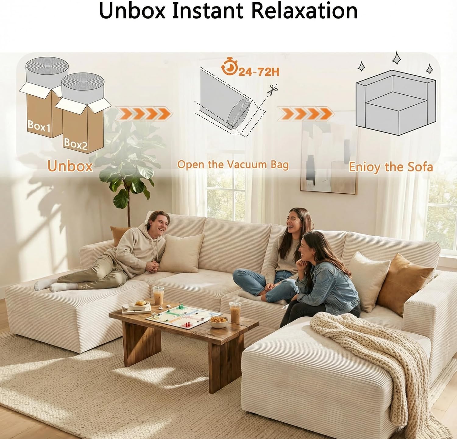 Homall 126' Sectional Couches for Living Room, Modern Fabric Boneless Couch with Deep Seat, Upholstered Cloud Sofa with 2 Ottoman, No Assembly Required (Beige, U Shaped Sofa)