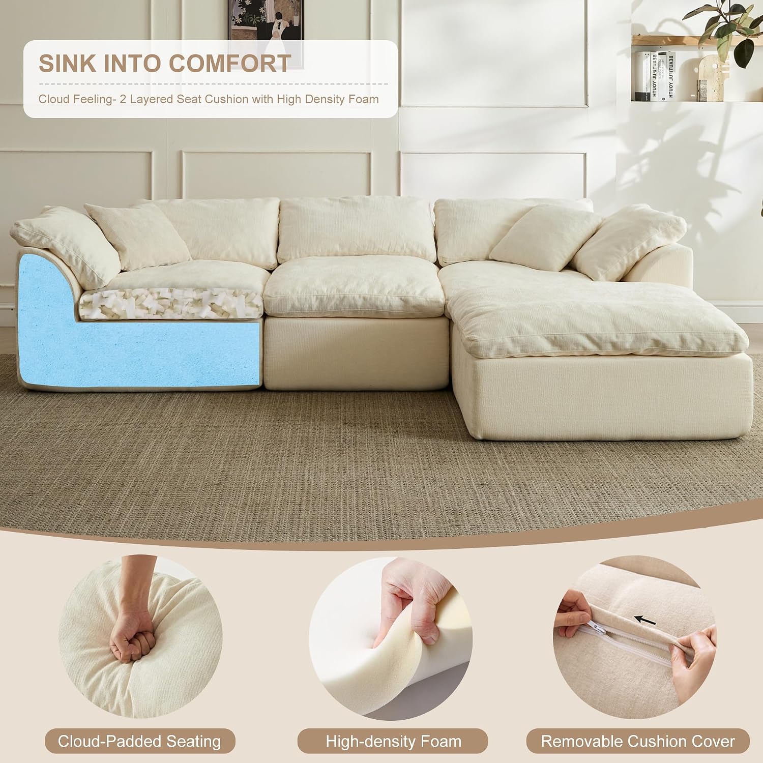 110' Cloud Sectional Couches for Living Room, Convertible L-Shape Boneless Couch with Ottoman, 3 Seater Compressed Sofa Bed Modular Sectional Sofa (Beige)