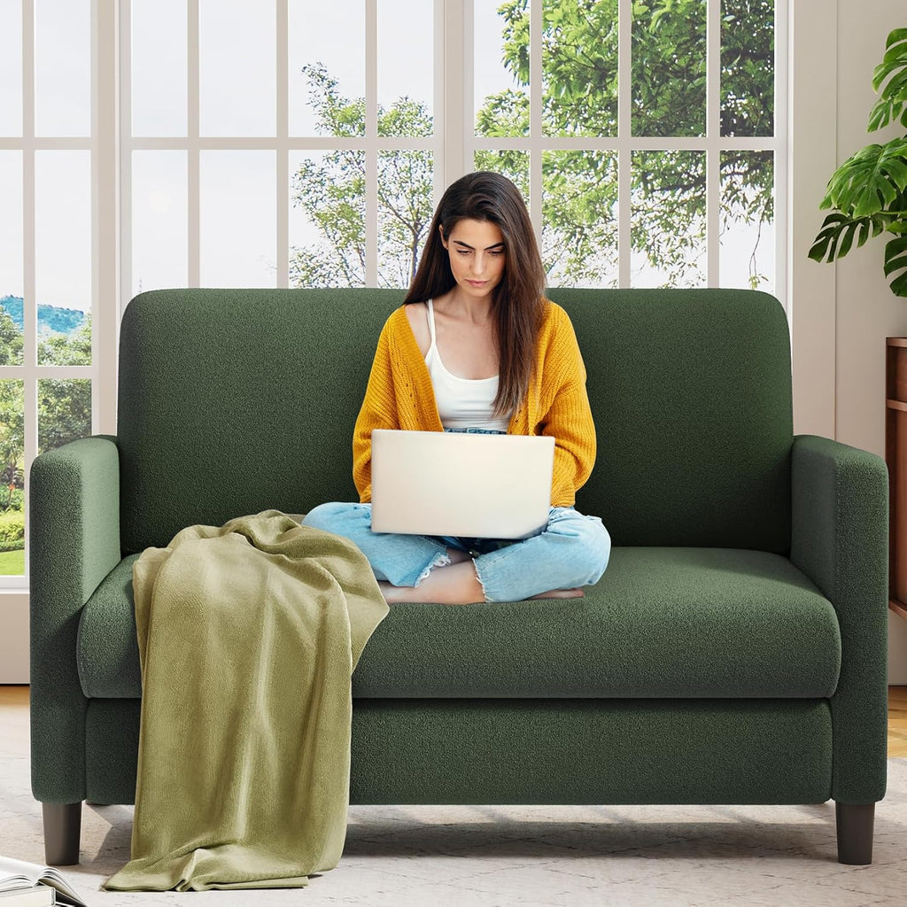 Welzona Loveseat, 51' Small Couch, Comfy Teddy Love Seat for Living Room, Tool-Free Setup Loveseat Sofa for Small Spaces, All-Wood Small Sofa Couch for Bedroom, Green