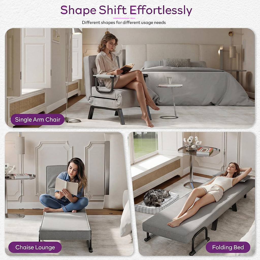 TYBOATLE Folding Chair Bed, Comfy Convertible Sleeper Sofa, 5 in 1 Folding Bed with 5-Position Adjustable Backrest & Pillow, Floor Single Chairs, Cozy Futon Chair for Small Spaces, Office (Light Grey)
