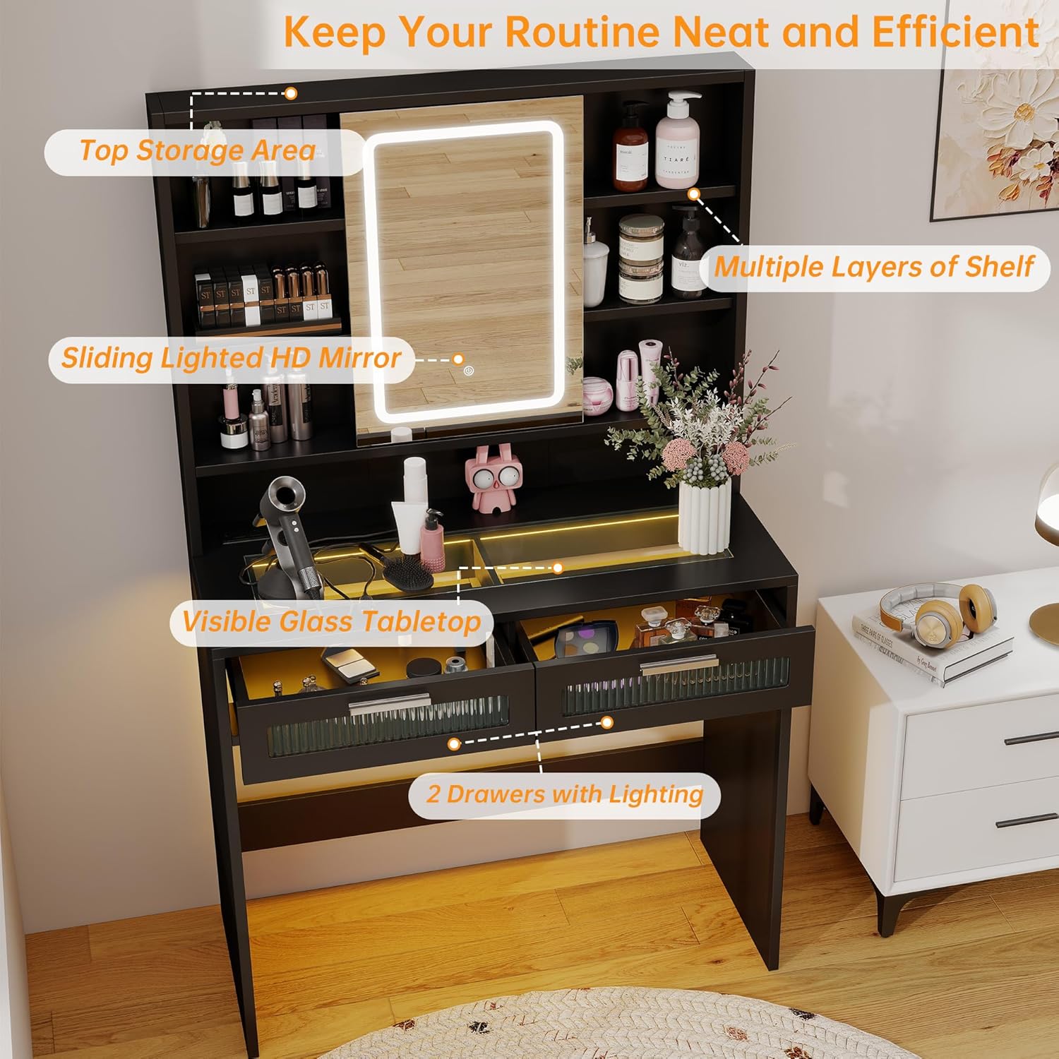 Hadulcet 35.5' Small Vanity Desk with Mirror and Lights, LED Makeup Vanity Desk with Glass Top, Power Outlets, 2 Acrylic Drawers, 7 Storage Shelves for Girls Women and Dressing Room, Black