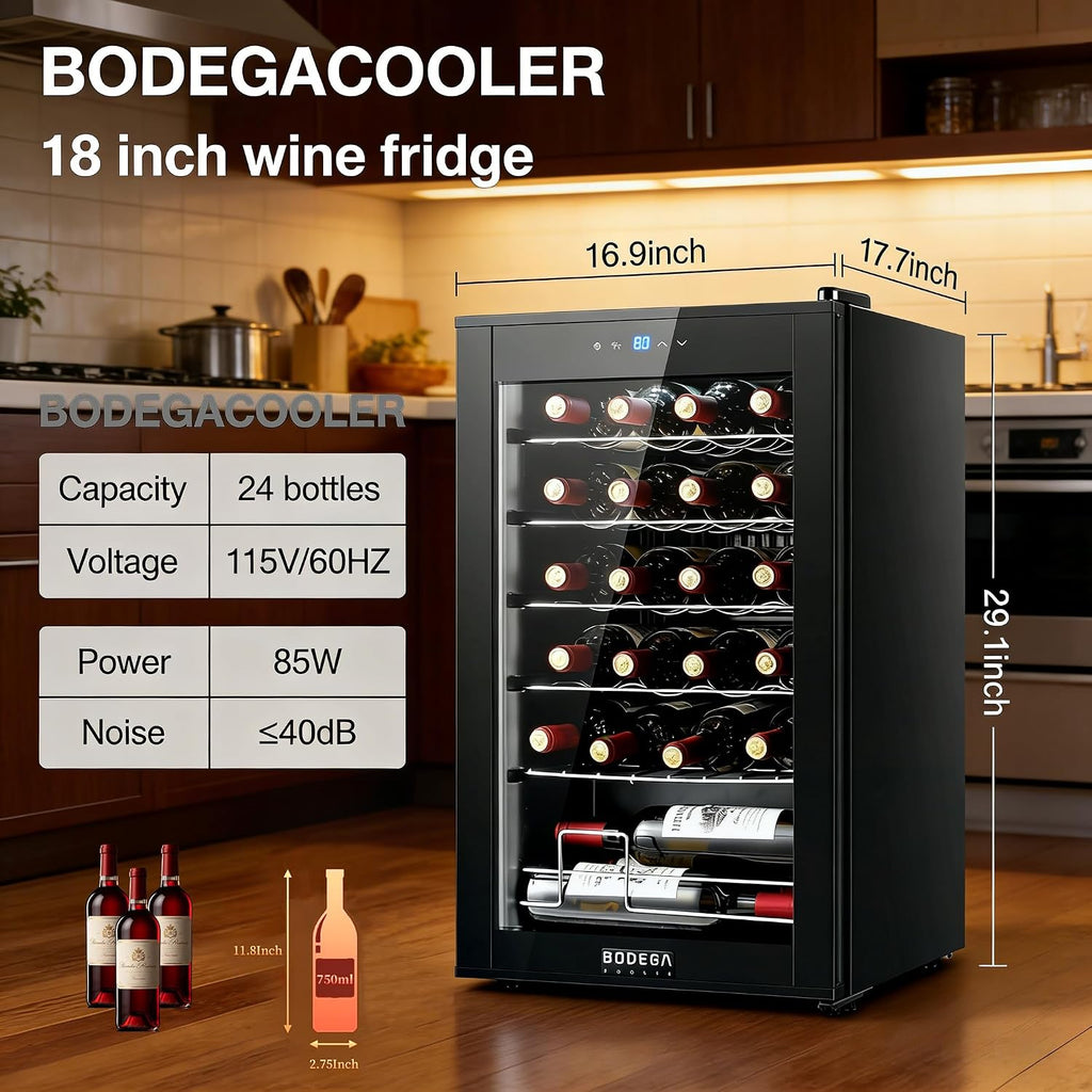 BODEGA COOLER 24 Bottle Wine Cooler, 2.5 Cu.Ft Mini Fridge with Lock, Freestanding & Under Counter, Small Refrigerator for Office, Bedroom and Home Bar, Double Glass Door & Digital Temp Control