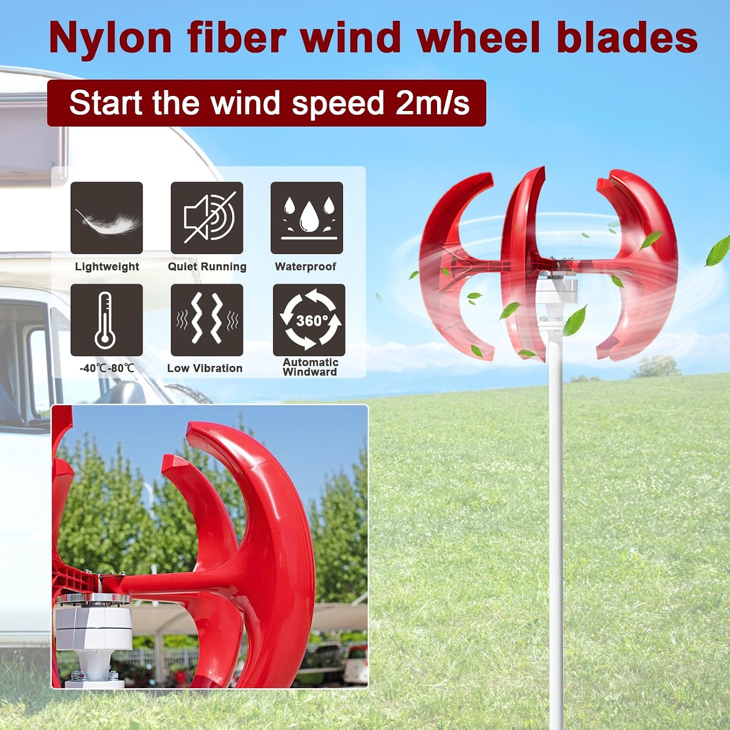 Portable Wind Turbines 1000W 12V/24V Wind Turbines Generator, 5-Blade Auto Adjust Wind Vertical Generator Kit,generador eolico para casa,for Motor Home, Chalet, Boat, Terrace Red