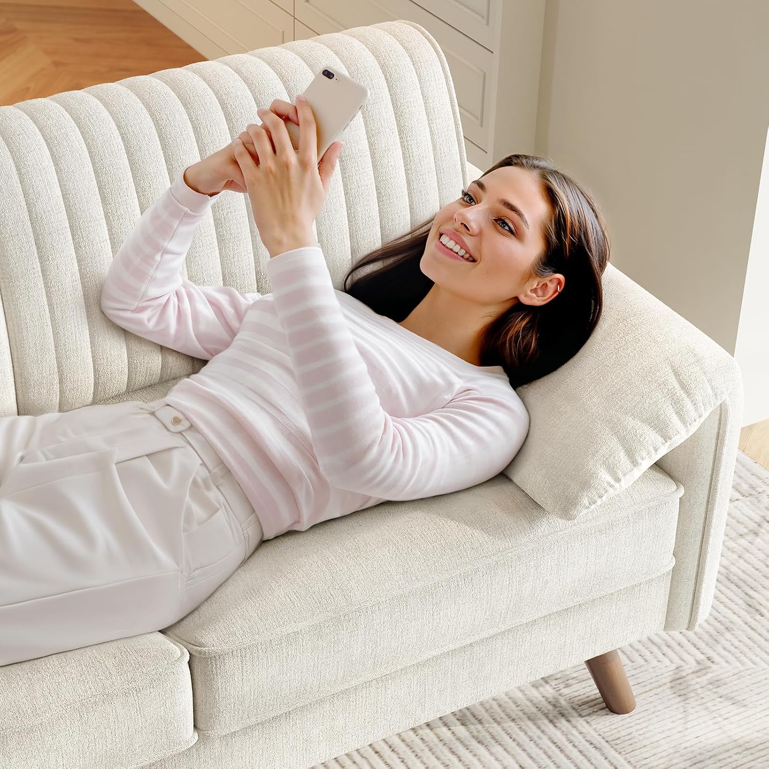 ONBRILL 64.5' Loveseat Sofa, Chenille Loveseat Couch for Living Room, 23.2' Deep Seat Love Seat with Padded Arms, Comfy Modern Small Couches for Bedroom, Small Spaces, Dorms, Office, Beige
