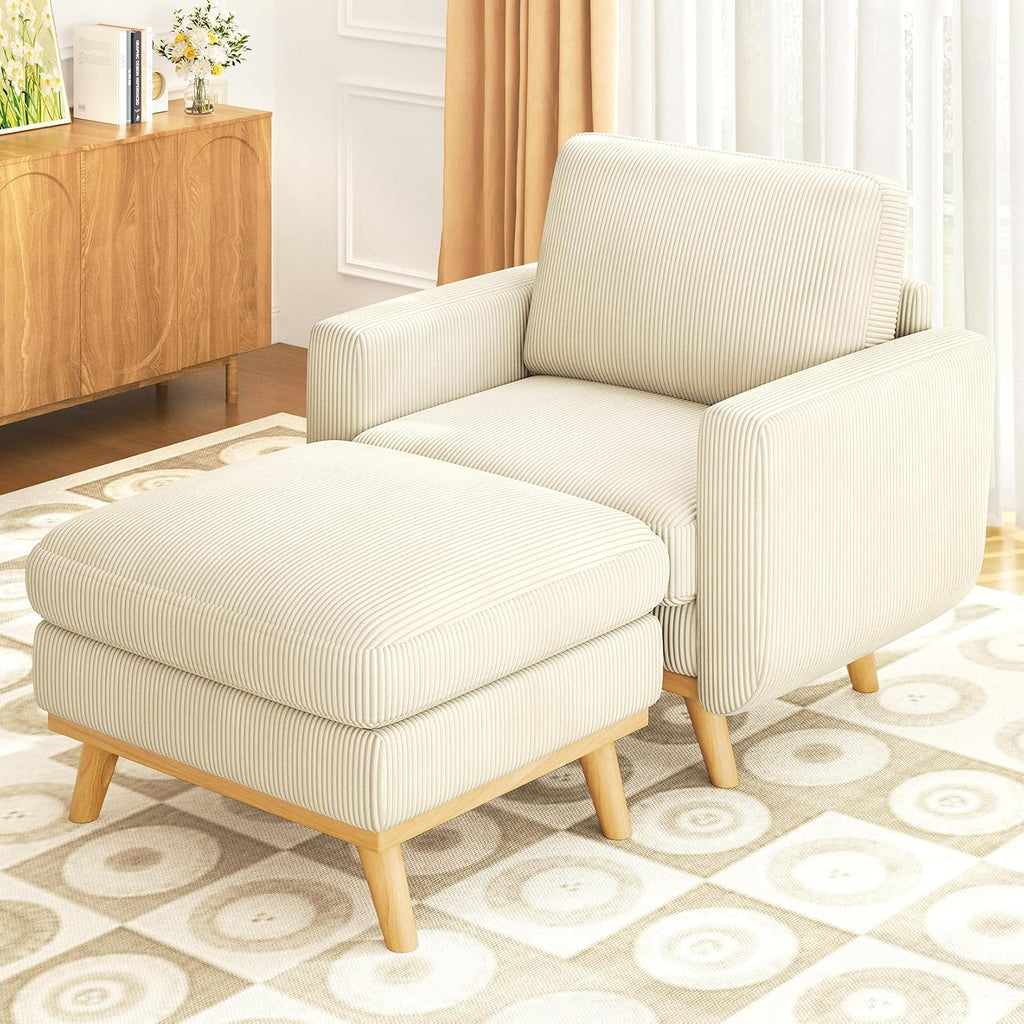 Vesgantti 38.5' Accent Chair with Movable Ottoman, Comfy Corduroy Armchair with Spring Cushion, Reading Chair with Ottoman, Modern Single Sofa for Living Room, Bedroom and Apartment, Beige