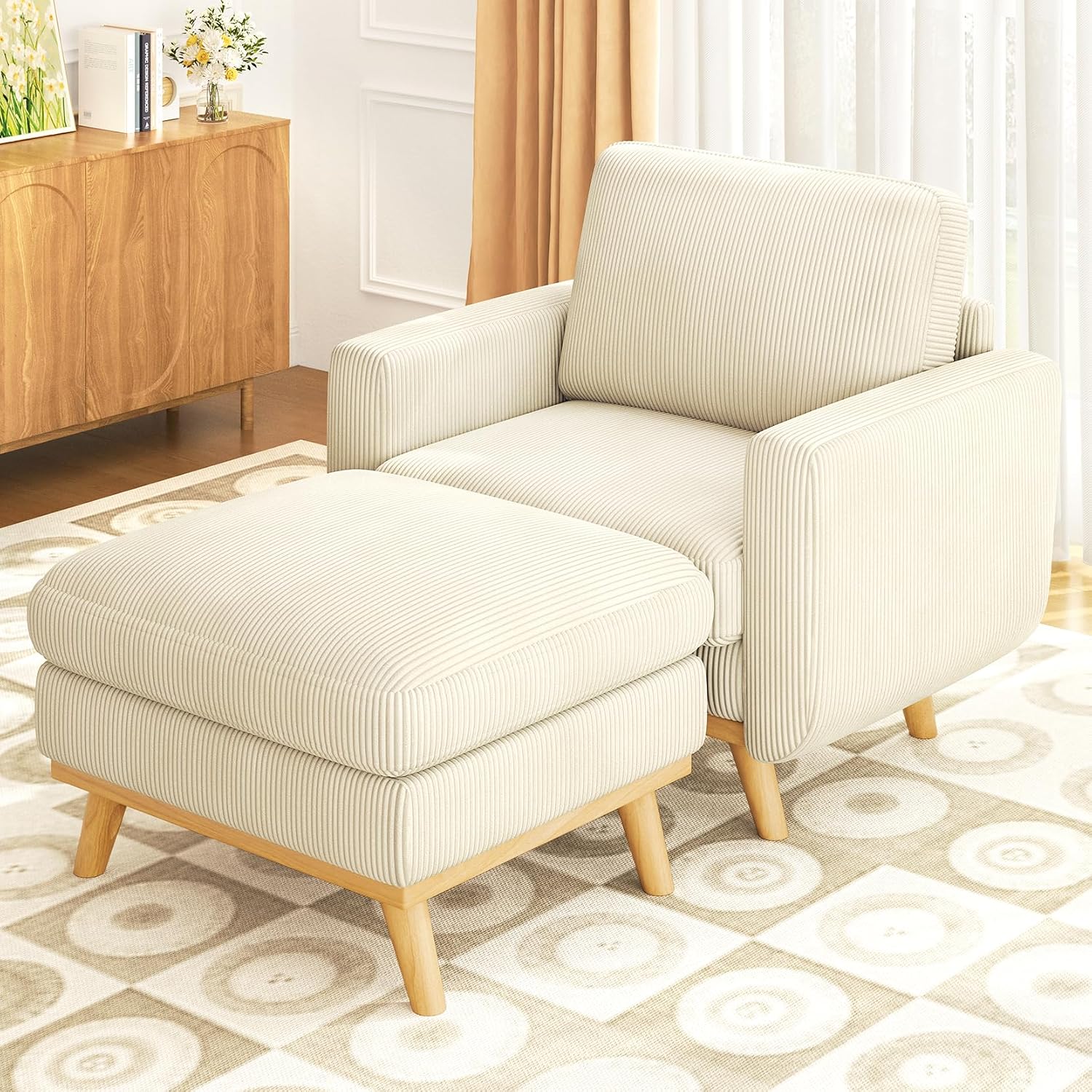 Vesgantti 38.5' Accent Chair with Movable Ottoman, Comfy Corduroy Armchair with Spring Cushion, Reading Chair with Ottoman, Modern Single Sofa for Living Room, Bedroom and Apartment, Beige