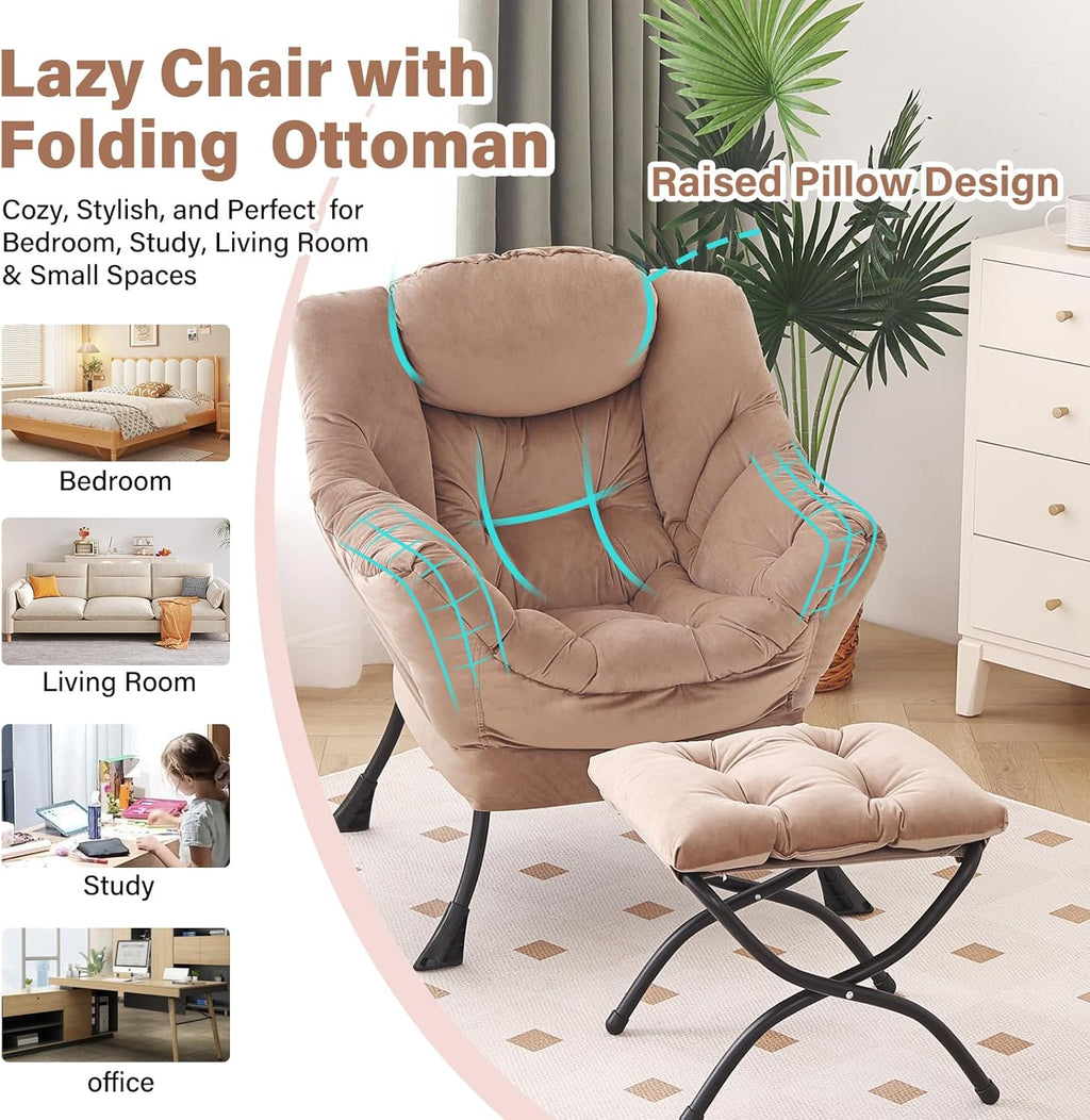 Furlide Lazy Chair with Ottoman, Modern Accent Chair with Armrests and a Side Pocket, Velvet Khaki Accent Chairs, Reading Chairs, Oversized Armchairs for Bedroom, Study, Living Room, Courtyard