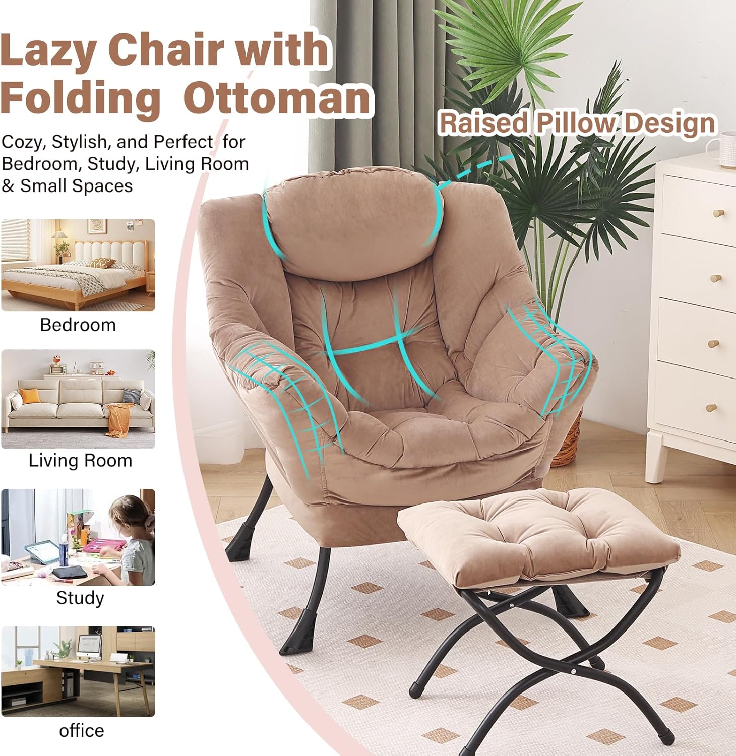 Furlide Lazy Chair with Ottoman, Modern Accent Chair with Armrests and a Side Pocket, Velvet Khaki Accent Chairs, Reading Chairs, Oversized Armchairs for Bedroom, Study, Living Room, Courtyard