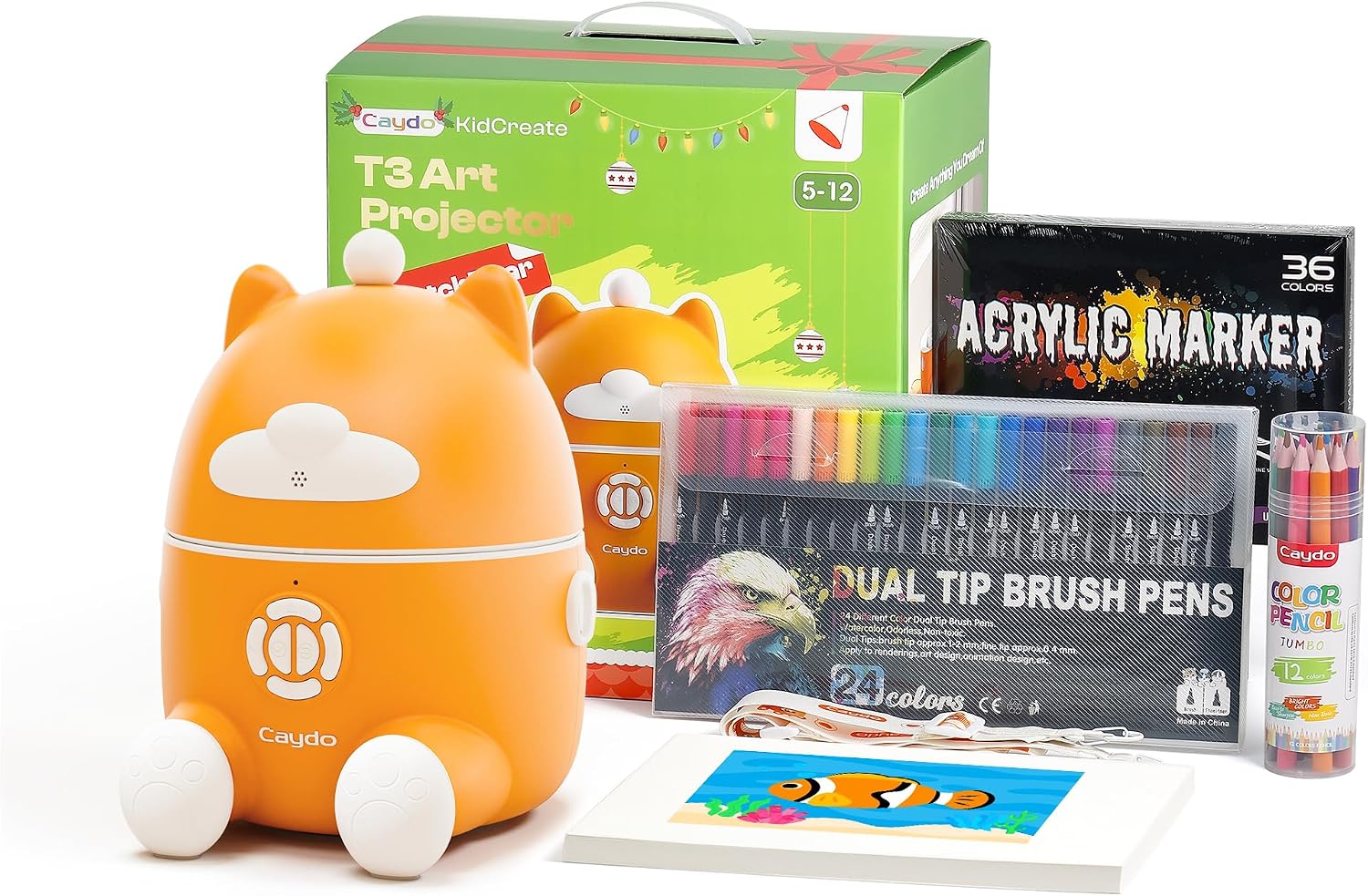 Caydo T3 Smart Drawing Projector Kit, Includes 12 Colored Pencils, 36 Acrylic Paint Markers, 24 Watercolor Markers & 50 Sheet Drawing Paper, Art Craft Birthday for Kids Ages 5-12