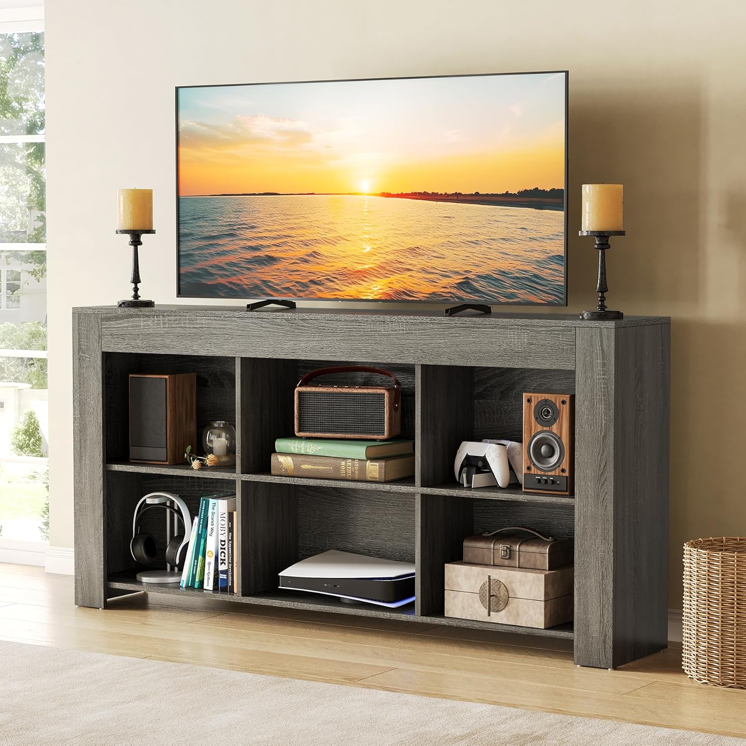 LITTLE TREE Console Table with Storage, 63-Inch Long Sofa Table, Entryway Table with Cubes, Farmhouse Storage Shelves for Entryway, Living Room, Grey + Black