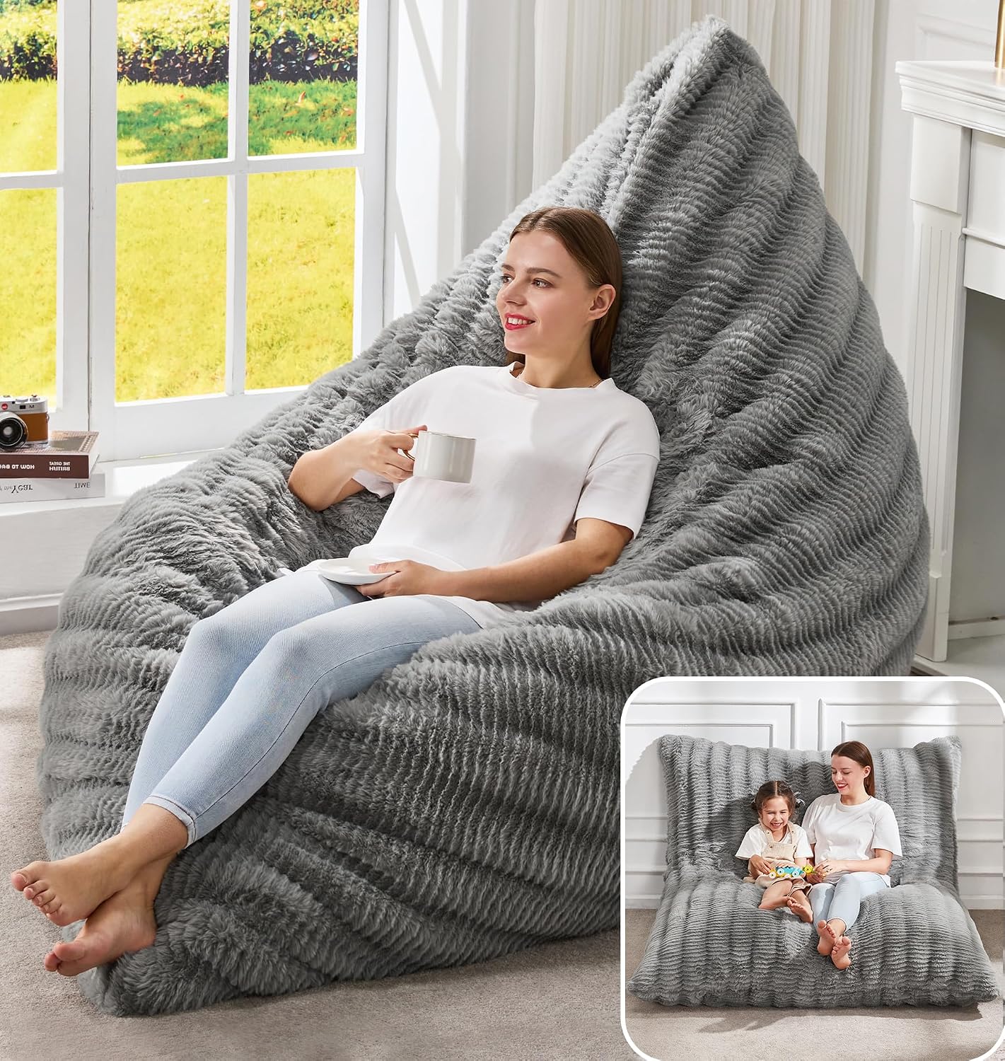 Hobestluk 3 in 1 Bean Bag Chair Giant Bean Bag Chairs for Adults with Ripple Cover Convertible Bean Bag Floor Cushion with Machine Washable Cover for Living Room (Ripple Grey)