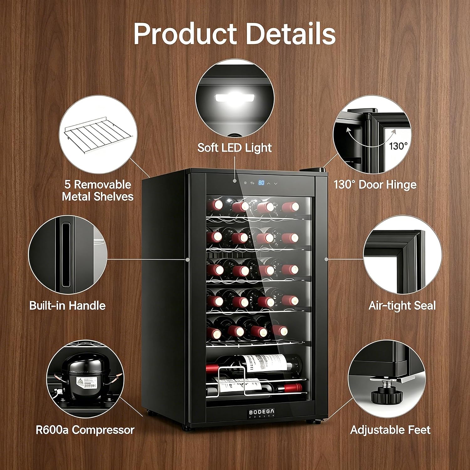 BODEGA COOLER 24 Bottle Wine Cooler, 2.5 Cu.Ft Mini Fridge with Lock, Freestanding & Under Counter, Small Refrigerator for Office, Bedroom and Home Bar, Double Glass Door & Digital Temp Control