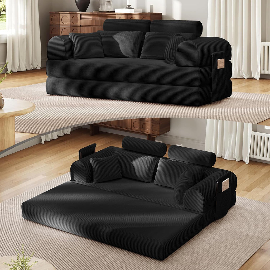 Upgraded 79' High Backrest Sofa Bed with Fixed Frame, Corduroy Fabric Convertible Couch for Small Spaces, Removable Armrests & Backrest, No Assembly Required (Black)