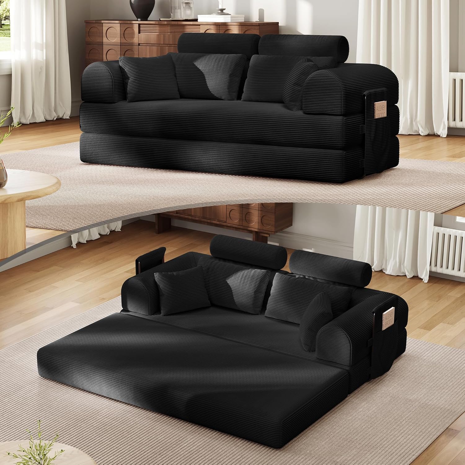 Upgraded 79' High Backrest Sofa Bed with Fixed Frame, Corduroy Fabric Convertible Couch for Small Spaces, Removable Armrests & Backrest, No Assembly Required (Black)