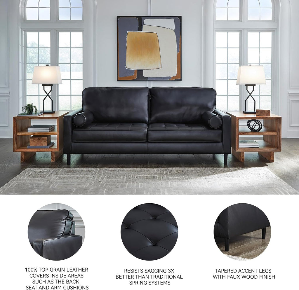 Signature Design by Ashley Bryceview Contemporary Leather Match Tufted Sofa with 2 Bolster Pillows, Black
