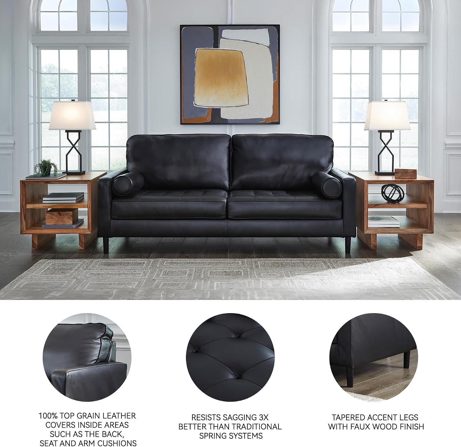 Signature Design by Ashley Bryceview Contemporary Leather Match Tufted Sofa with 2 Bolster Pillows, Black