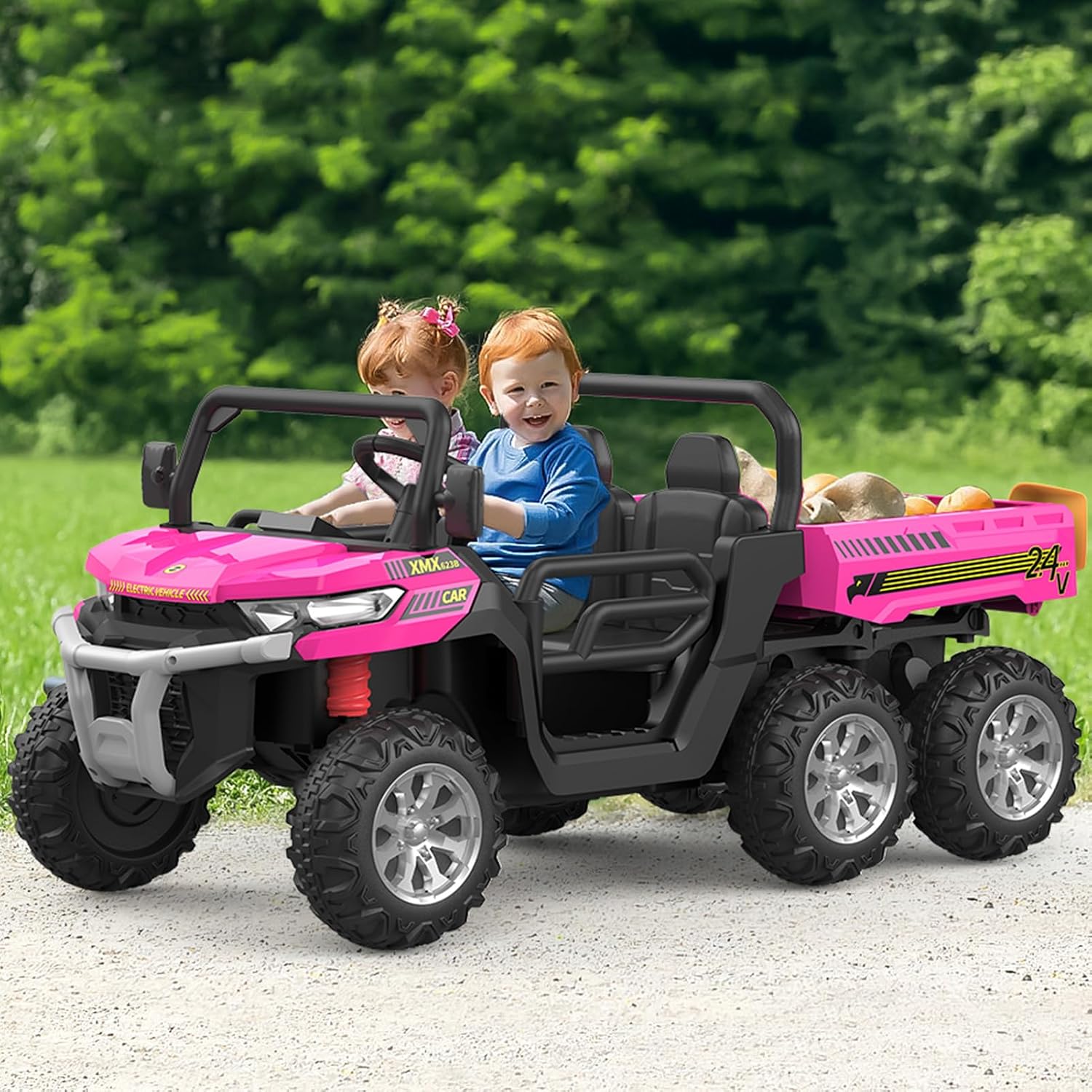 Hetoy 24V Ride on Dump Truck with Remote Control, Electric Dump Bed, Electric Utility Vehicles UTV 4WD Battery Powered 6 Wheeler Ride On Toys for Boys Girls (Pink)
