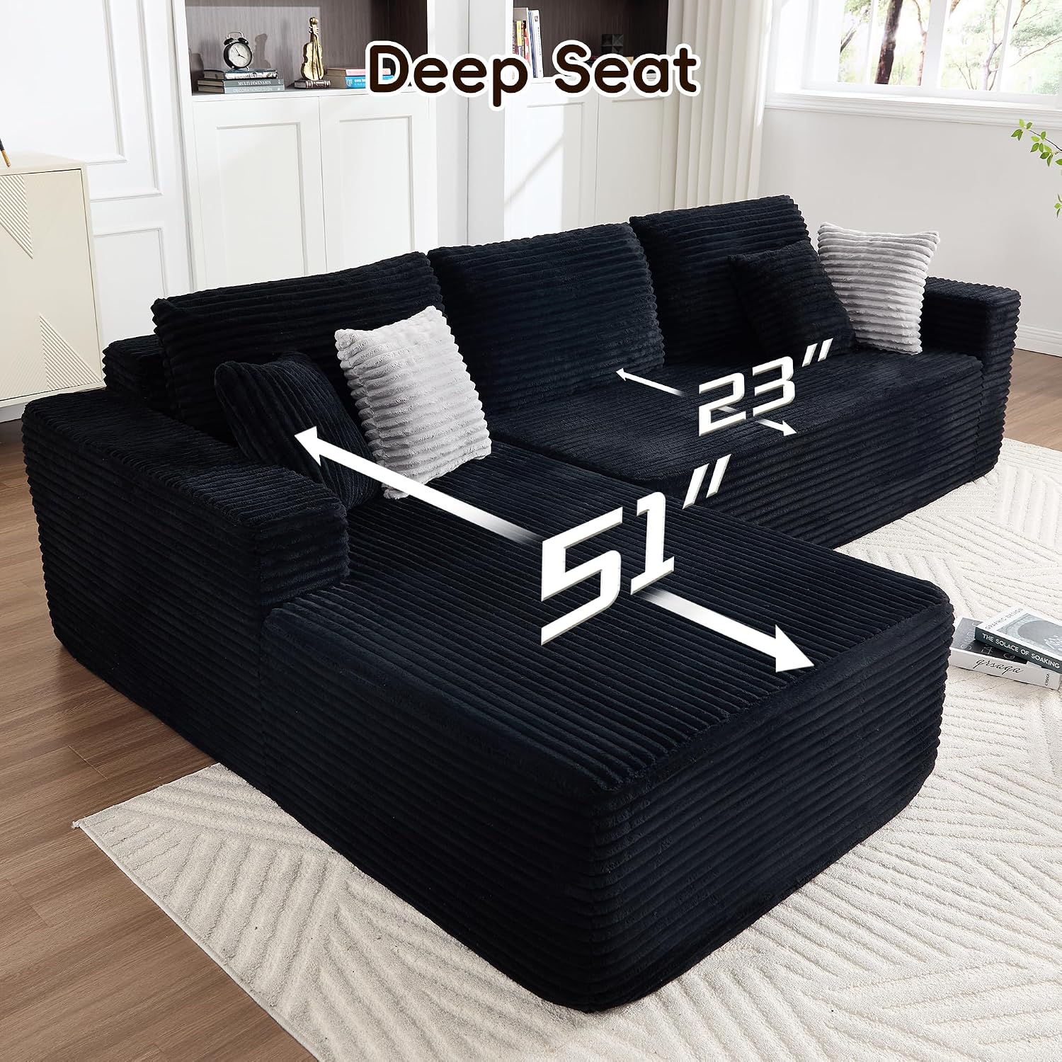 Opiesit 108' Boneless Couches for Living Room, Modular Sectional Sofa with Oversized Chaise, L-Shape Cloud Couch with Deep Seat, High-Density Memory Foam, No Assembly Required, Plush Corduroy Black