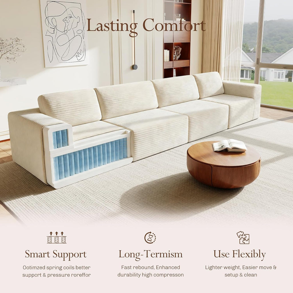 Vesgantti 159' Modular Sectional Sofa, Corduroy Cloud Couch with Extra Deep Seats & Spring Support, Flexible Layout 4-Seater Boneless Couch, No Assembly Required, Beige
