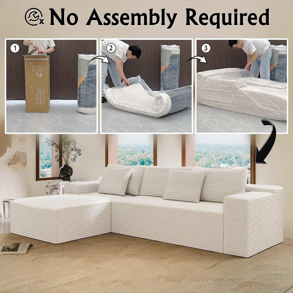Sectional Couches for Living Room Corduroy Couch, 104' Cloud Boneless Couch with L-Shape Chaise, Modern Modular Sofa, Deep Seat Comfort, No Assembly Required(Plush Corduroy, Right Facing Chaise)