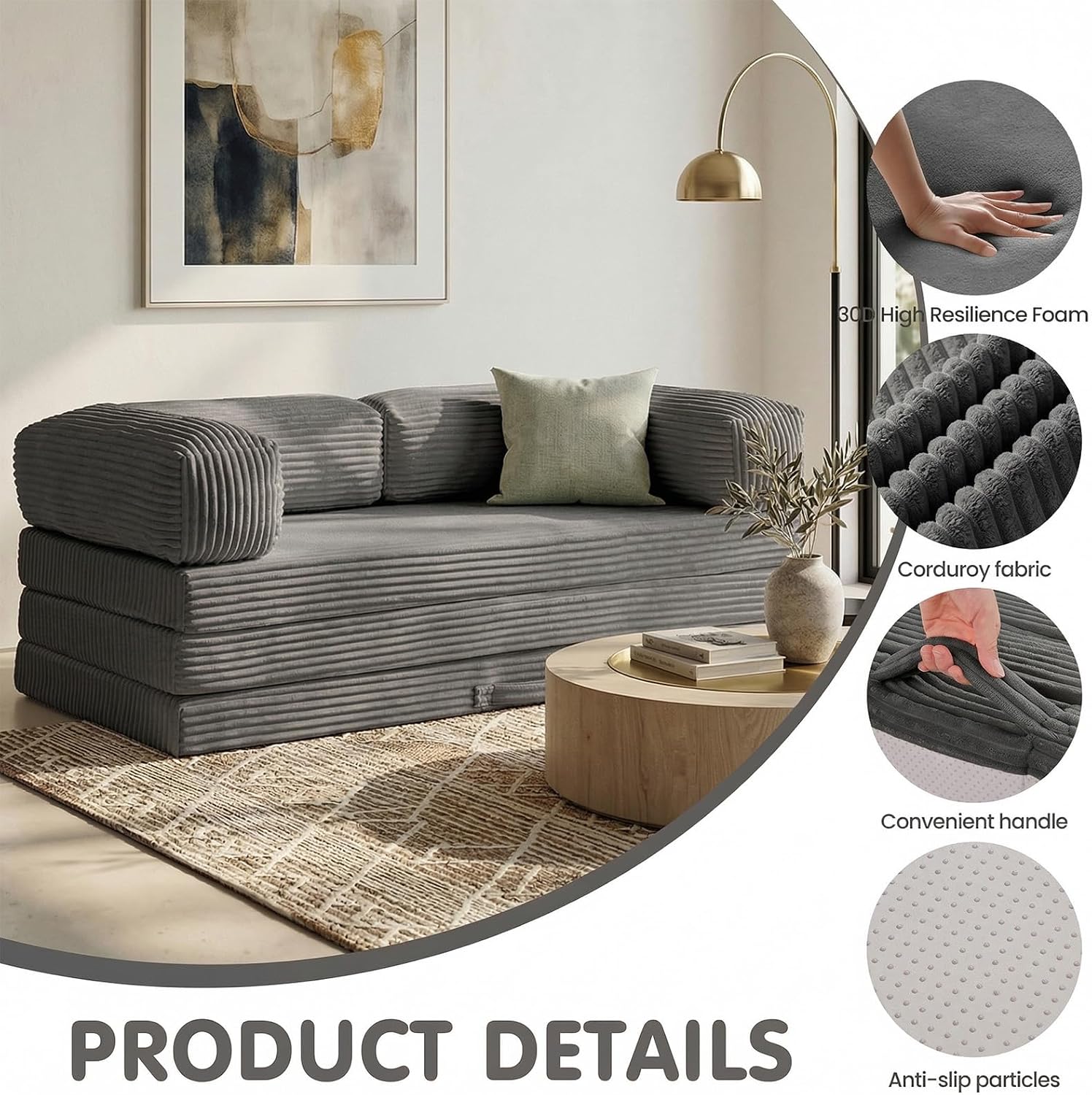 JUIKURY Folding Sofa Bed, Convertible Sleeper Chair with Pilow Foldable Matress, 2 in 1 Pull Out Loveseat Sofa Portable Fold Out Chair Bed Floor Couch Lounge for Living Room (Grey, Queen-82'L x 60'W)
