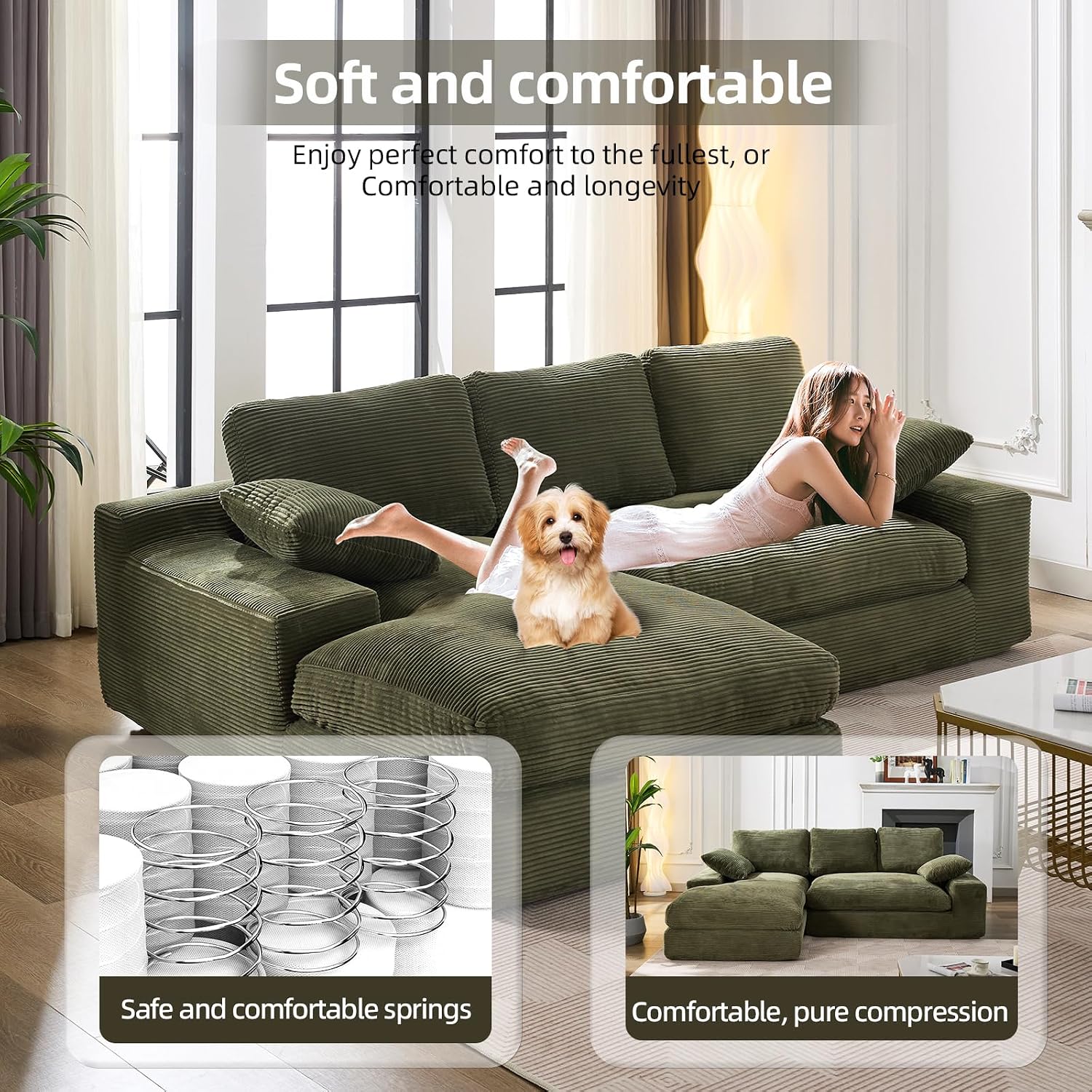 98.4' Green Sectional Sofa Cloud Modular Sectional Couch with Chaise,Corduroy Sectional Couches L-Shaped Modern Upholstered Sofa with Deep Seat for Living Room and Bedroom,No Assembly Required(Green)