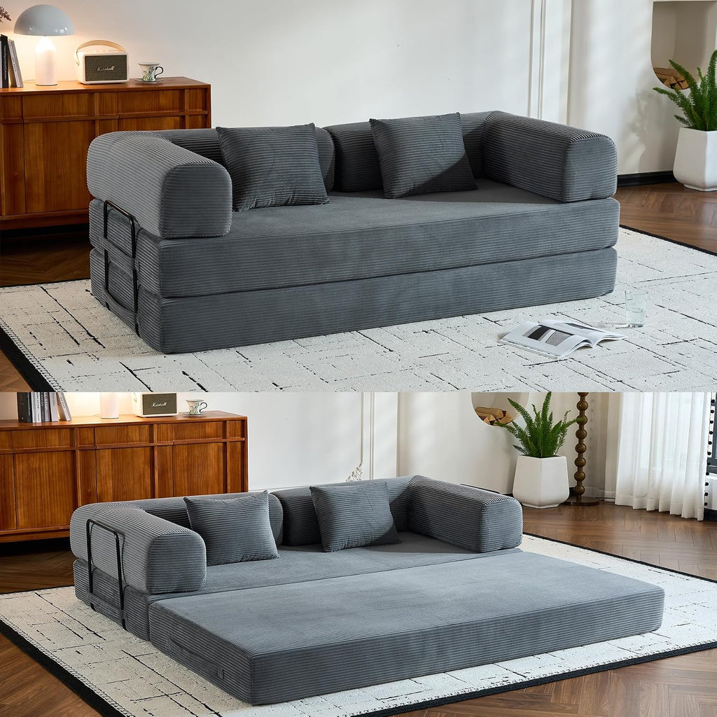 ZEIINPA Comfy Convertible Folding Mattress Couch, Floor Sofa Bed with Fixed-Shape Frame, Corduroy Floor Sofa with Armrest, Floor Sofa Lounge Couch for Living Room Bedroom Lounge Studio,Grey