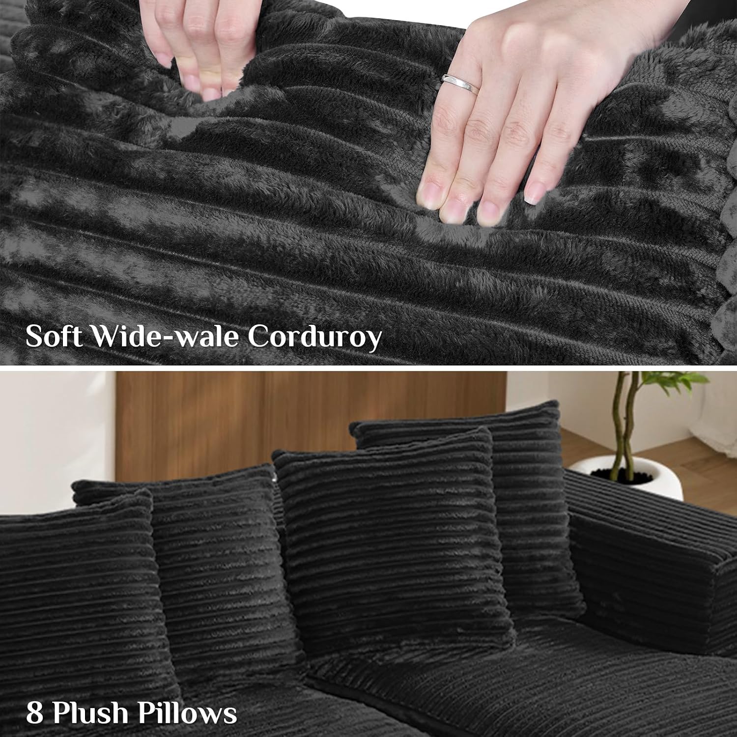 131' Oversized U Shaped Cloud Sectional Couches for Living Room, Comfy Fluffy Corduroy Black Boneless Sectionals Couch, Plush Memory Foam Modular Sectional Sofa with Chaise- 19' Seat Height