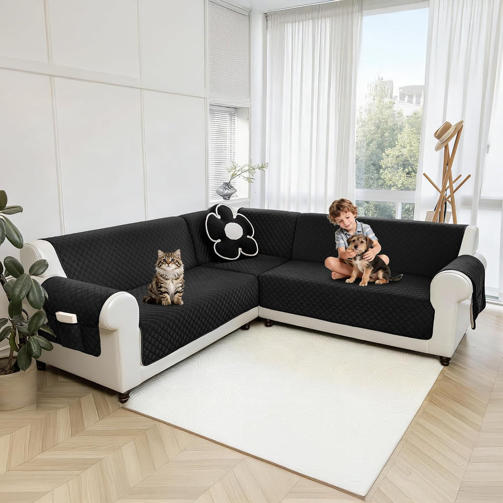 Sectional Couch Covers for Dogs 100% Waterproof Corner L Shaped Sofa Cover Pet Friendly Velvet Washable Anti Slip L Shape Modular Sofa Slipcover Protector with Pockets (Black, Large)