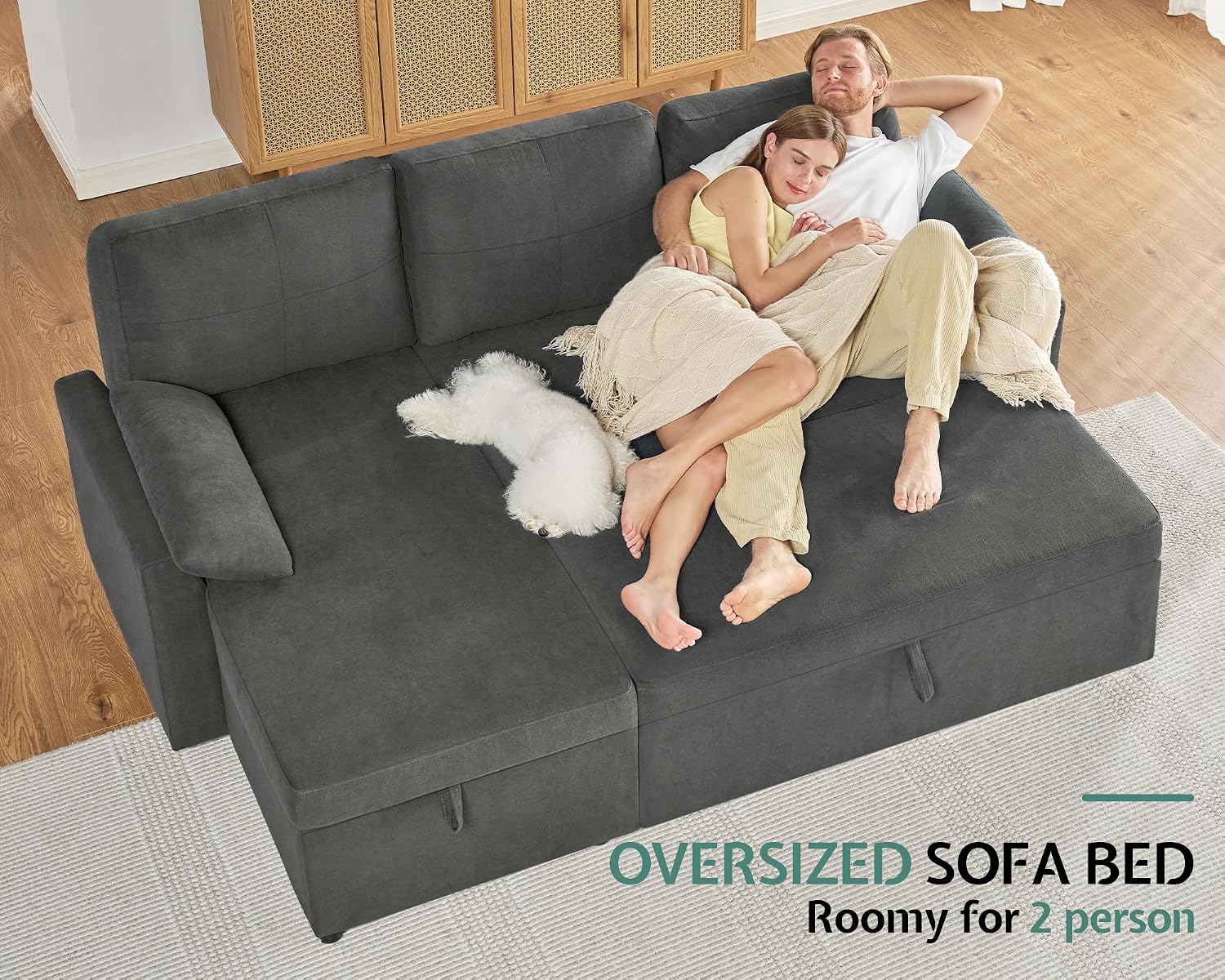 AMERLIFE Sleeper Sofa, 2-in-1 Sofa Bed with Storage Chaise, Pull Out Sofa Couch for Living Room, Guest Room, Linen Grey
