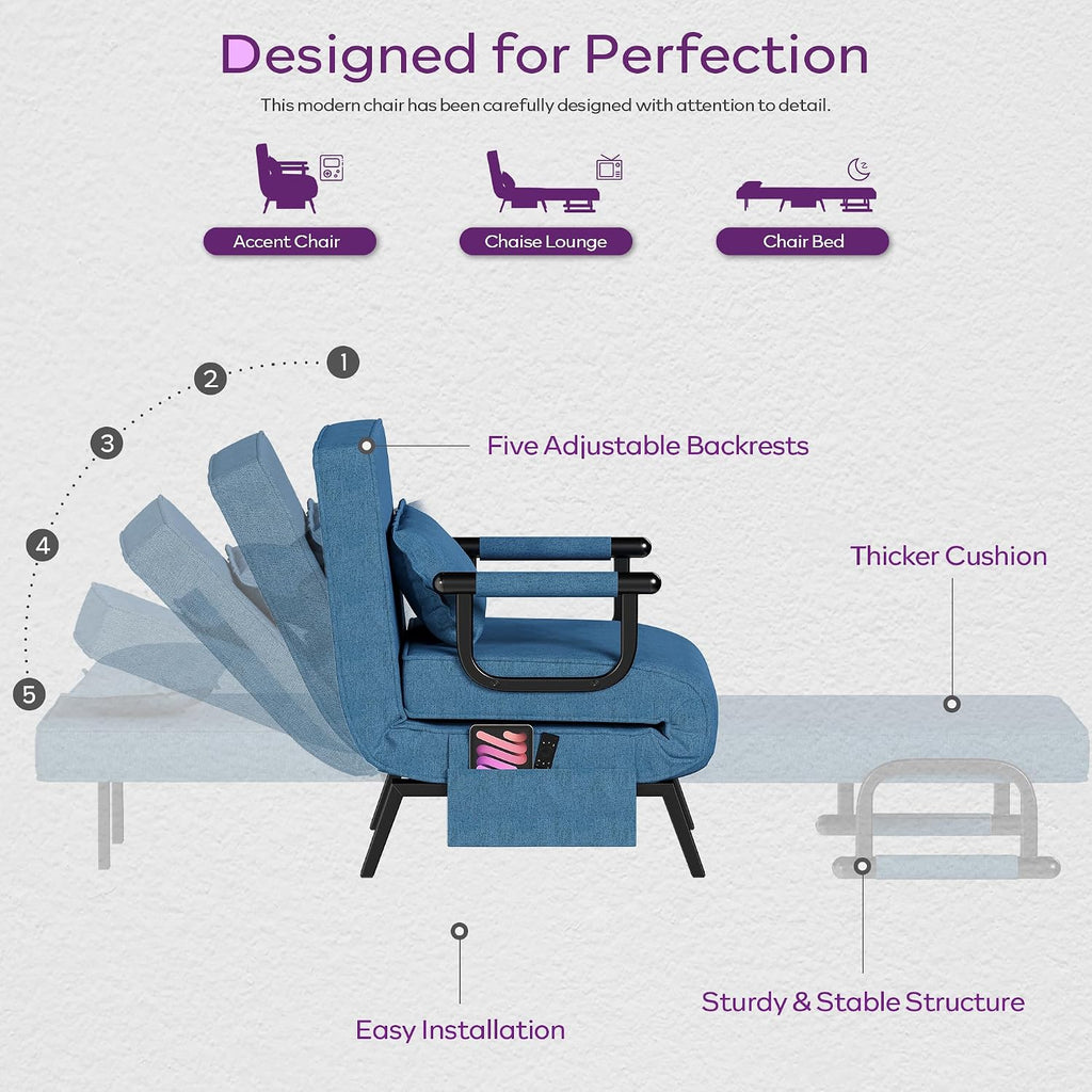 TYBOATLE Convertible Chair Bed Sleeper for Adults, Folding Chair Bed with 5-Position Adjustable Backrest & Side Pockets & Pillow, Comfy Single Futon for Small Spaces, Apartment, Office (Azure Blue)