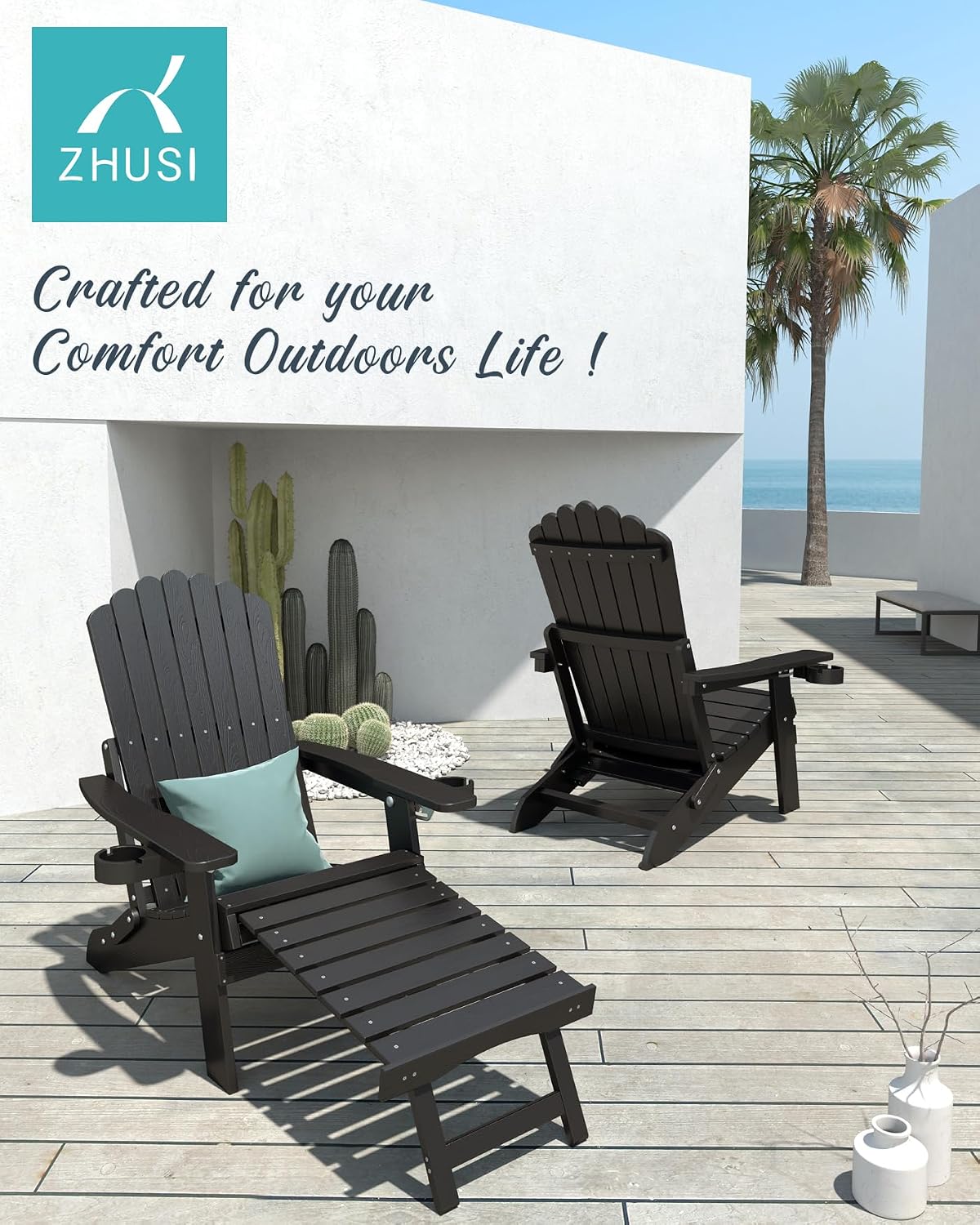 ZHUSI Folding Adjustable Adirondack Chair with Retractable Ottoman, Adirondack Chair with 2 Cup Holders, Outdoor Chairs for Porch Patio Lawn Balcony Weather Resistant (Black, 1 pcs)