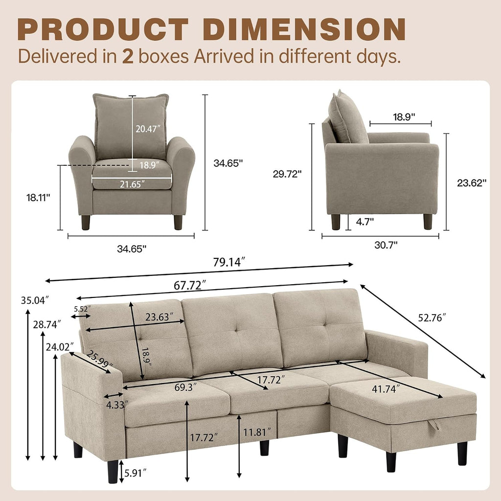 3 Piece Living Room Sofa Sets, Modern 3 Seater Sofa with Storage Ottoman and 2 PSC Armchair Couch Sets, Easy Assembly, Modern 5 Seat Sectional Couches for Living Room, Office,Beige