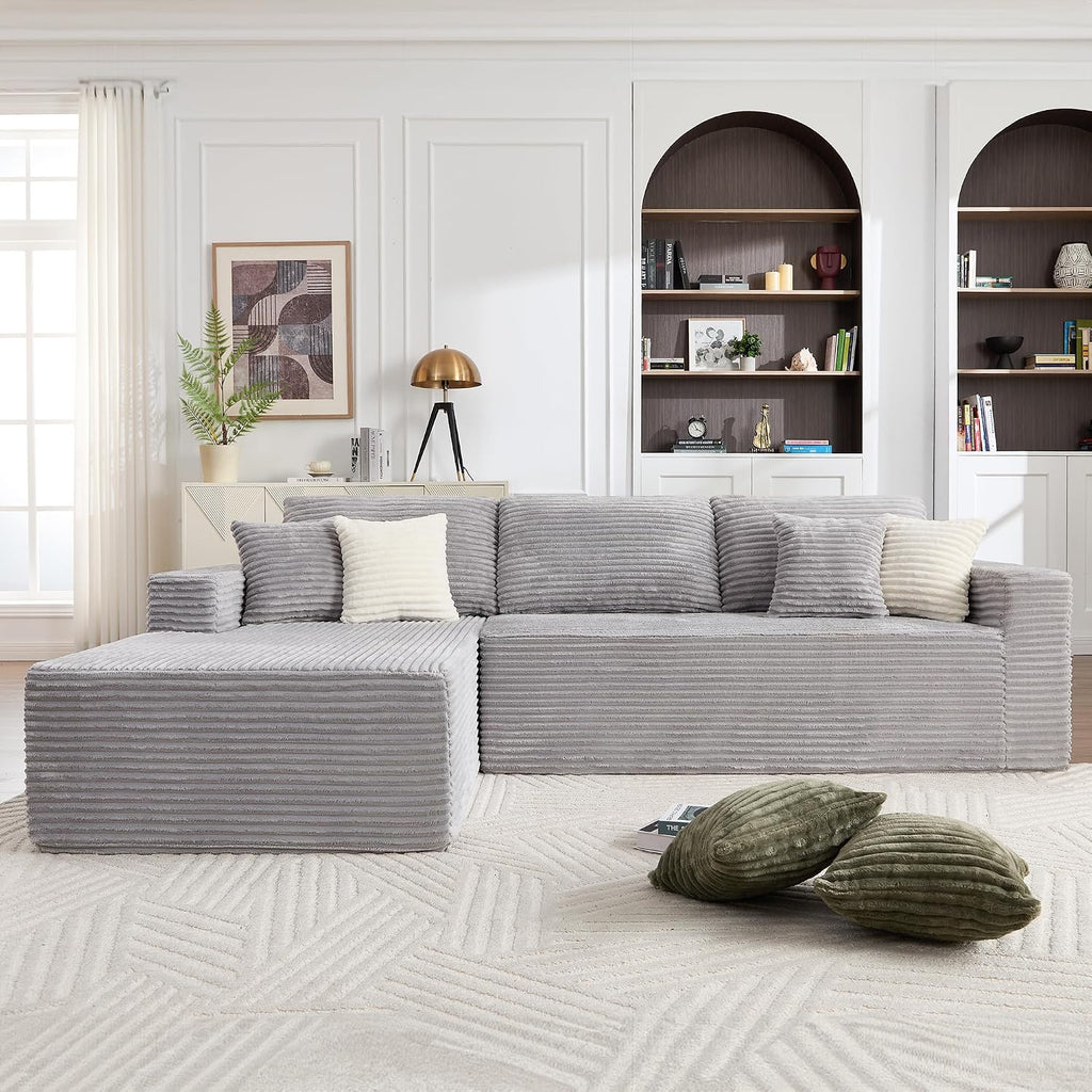 Opiesit 108' Boneless Couches for Living Room, Modular Sectional Sofa with Oversized Chaise, L-Shape Cloud Couch with Deep Seat, High-Density Memory Foam, No Assembly Required, Plush Corduroy Grey