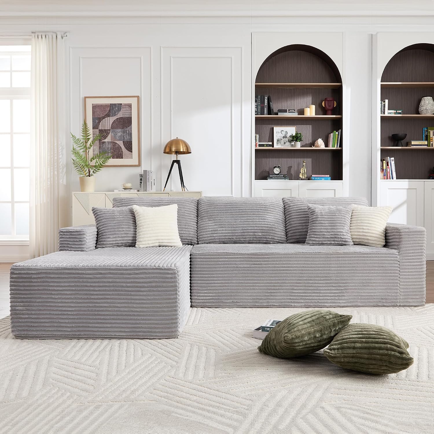 Opiesit 108' Boneless Couches for Living Room, Modular Sectional Sofa with Oversized Chaise, L-Shape Cloud Couch with Deep Seat, High-Density Memory Foam, No Assembly Required, Plush Corduroy Grey