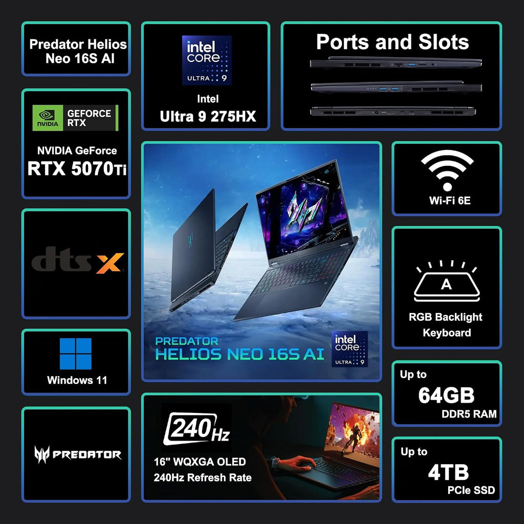 Acer Predator Helios Neo 16S AI Gaming Laptop 16' 2560x1600 OLED 240Hz (100% DCI-P3) Intel 24-core Ultra 9 275HX 32GB RAM 2TB SSD GeForce RTX 5070 Ti DLSS4 (Up to 992 AI Tops) Win11 ICP Hub