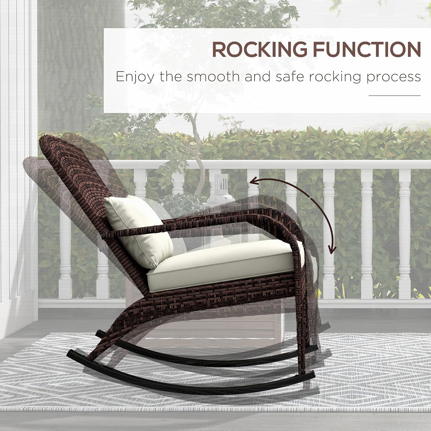 Outsunny Outdoor Wicker Adirondack Rocking Chair, Patio Rattan Rocker Chair with High Back, Seat Cushion, and Pillow for Garden, Porch, Balcony, Cream White