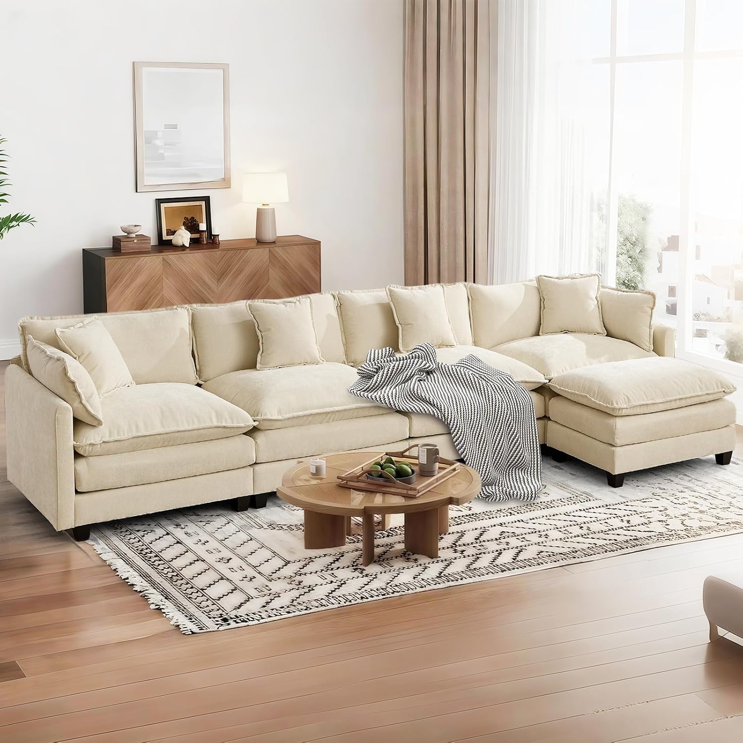 SoarFlash 149.61' Chenille Sectional Sofa, Comfy L Shaped Modular Coush Sofa with Ottoman, Modern 4 Seat Couch Deep Seat Sofa Set for Living Room,Beige