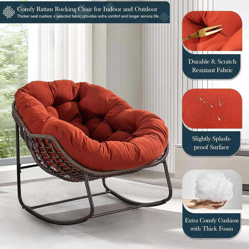 Outdoor Papasan Rocking Chair, Patio Oversized Wicker Egg Rocking Chair, Indoor & Outdoor Comfy Rocker Chair with Thick Cushion, Modern Lounge Chair for Front Porch, Garden, Backyard, Orange