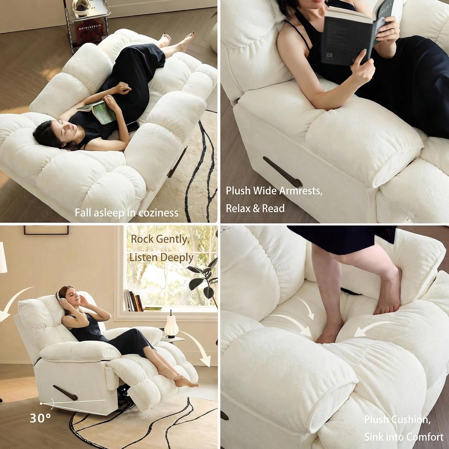 Oversized Recliner Chair, Overstuffed Swivel Rocker with Extra Wide Seat & Breathable Fabric for Living Room (Manual, White)