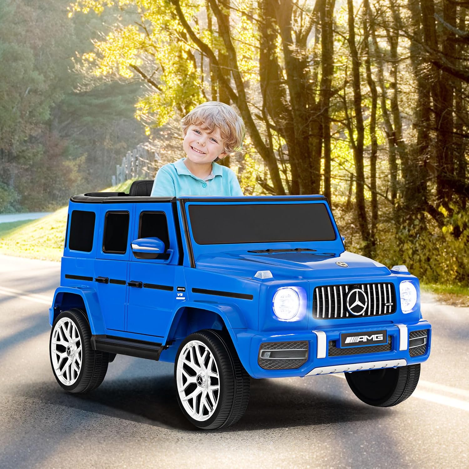 INFANS Licensed Mercedes Benz G63 Kids Ride On Car, 12V Electric Vehicle with Remote Control, Double Open Doors, Music, Bluetooth, Wheels Suspension, Battery Powered for Children Boy Girl (Blue)